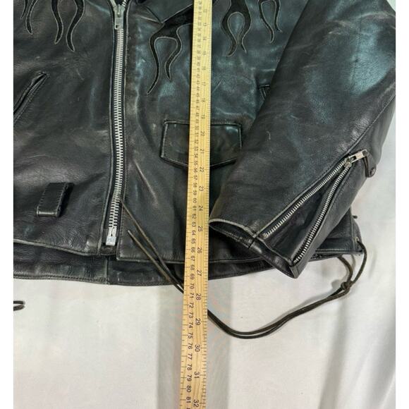 Vent Tech Black Vented Leather Motorcycle Jacket Green Flames Sz M - Picture 4 of 10